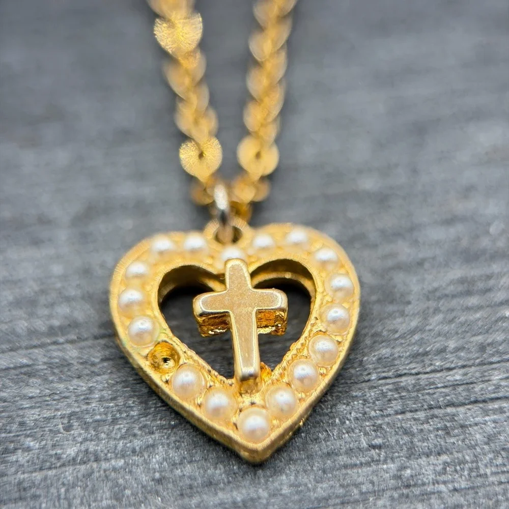 Gold Tone Faux Pearl Heart Cross Pendant Necklace Christian Faith Romantic Gift